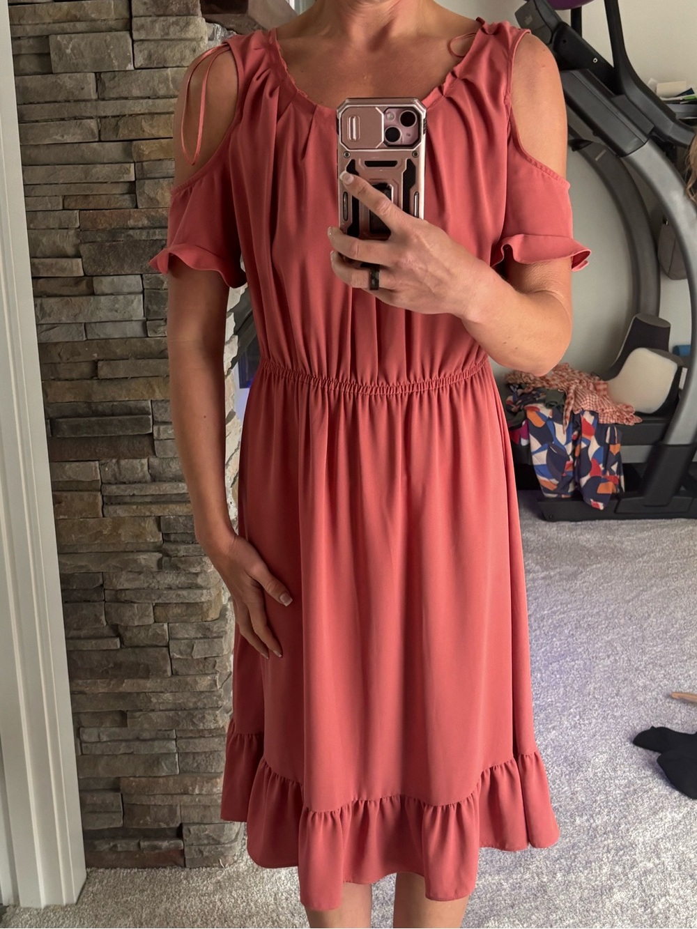 Lauren Conrad Open Shoulder Ruffle Midi Dress in Dusty Rose